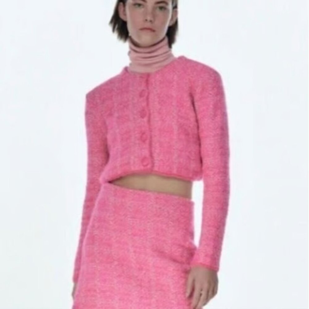 Zara Pink Tweed Knit Cardigan Jacket Sweater Barbie Pink Silver Metallic Size XL - Picture 3 of 16